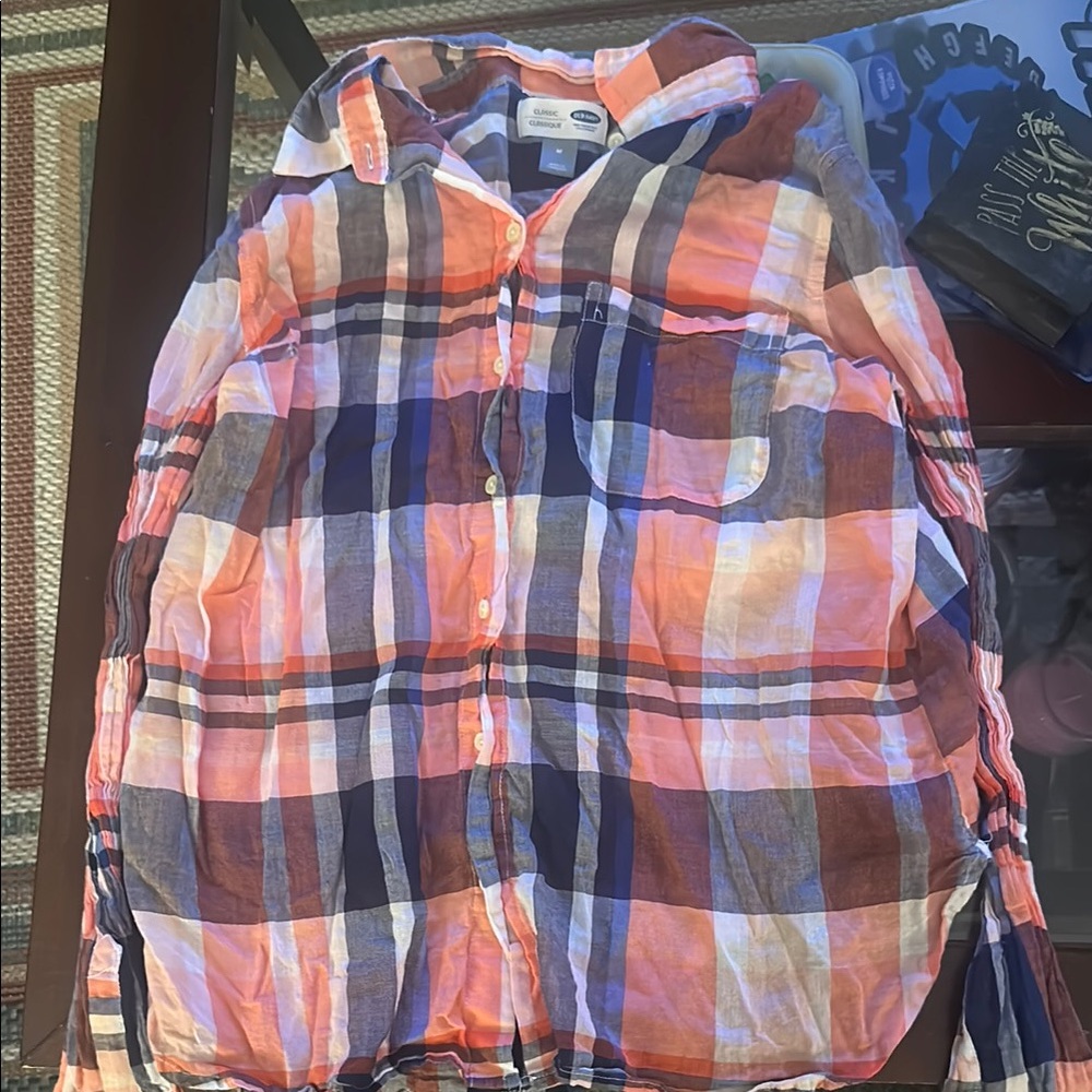 Plaid Button-Up Shirt in Orange and Blue